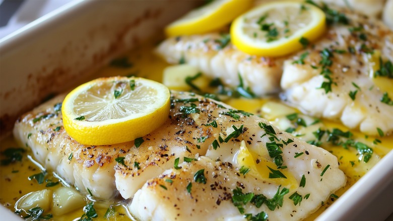 Baked cod with butter, herbs, and lemon