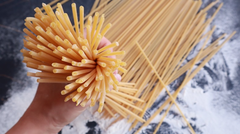 Holding uncooked bucatini pasta