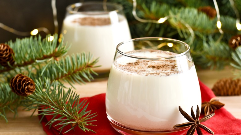 eggnog, branches, and fairy lights