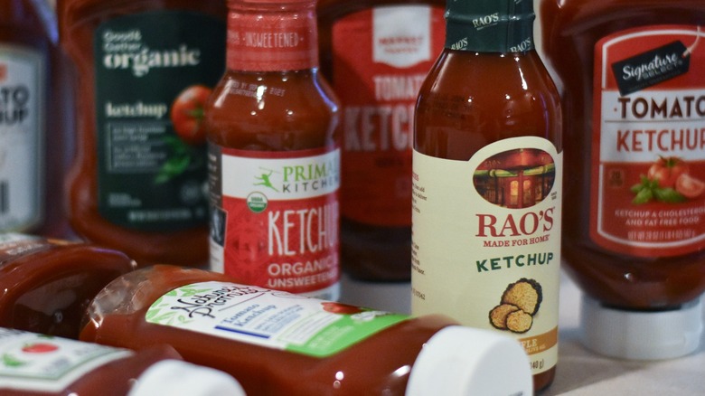 Ketchup bottles on counter