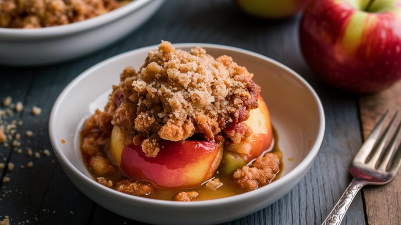 Apple crisp in white bowl