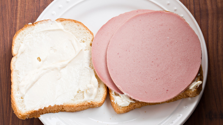 Open bologna and mayo sandwich