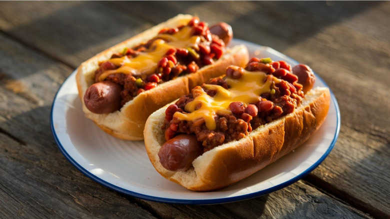 Two chili dogs are served side by side on a white plate.