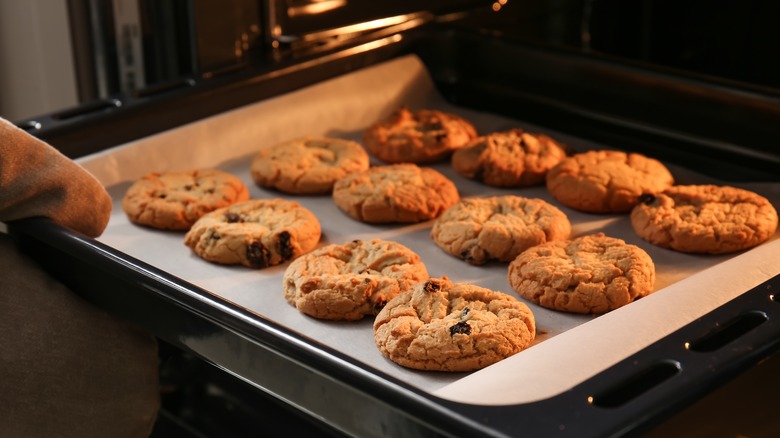 Tray of cookies being removed from oven.