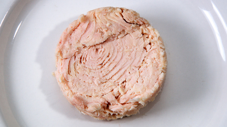 close up of solid canned tuna on a white plate