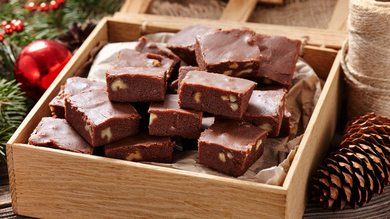 Cubes of fudge with nuts