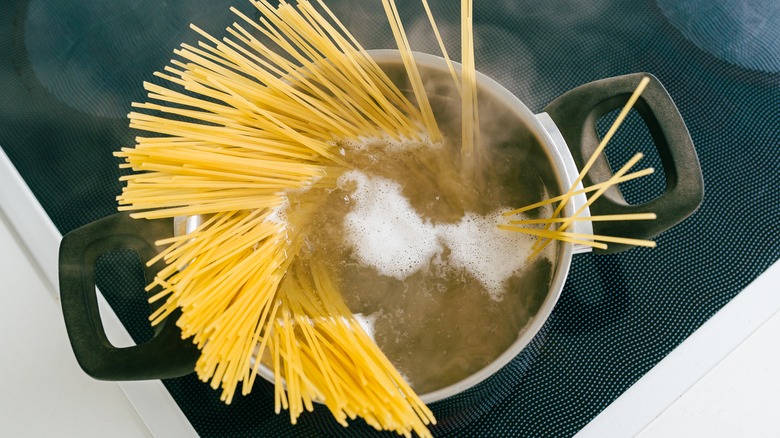 pot of simmering spaghetti