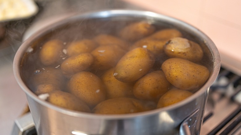 A pot of russet potatoes submerged in water