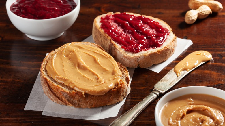 Open-faced PB&J sandwich