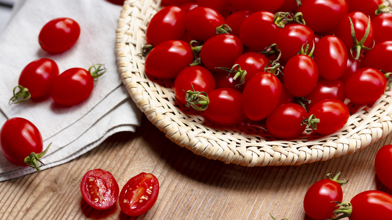 Wicker bowl of cherry tomatoes