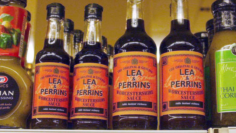 Worcestershire sauce bottles on a store shelf.