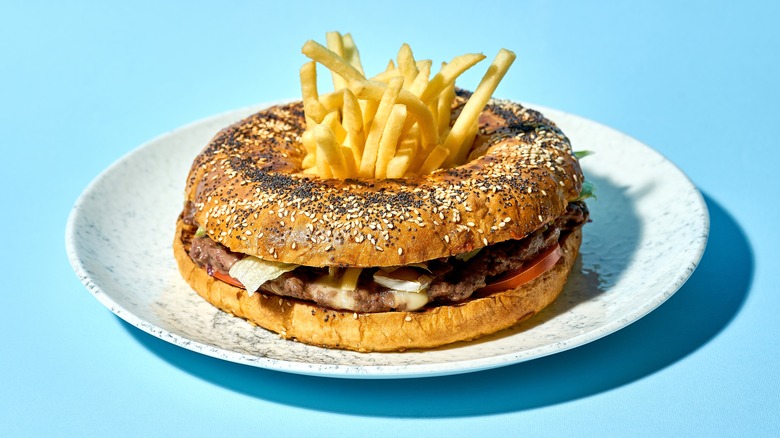 Bagel burger stuffed with french fries