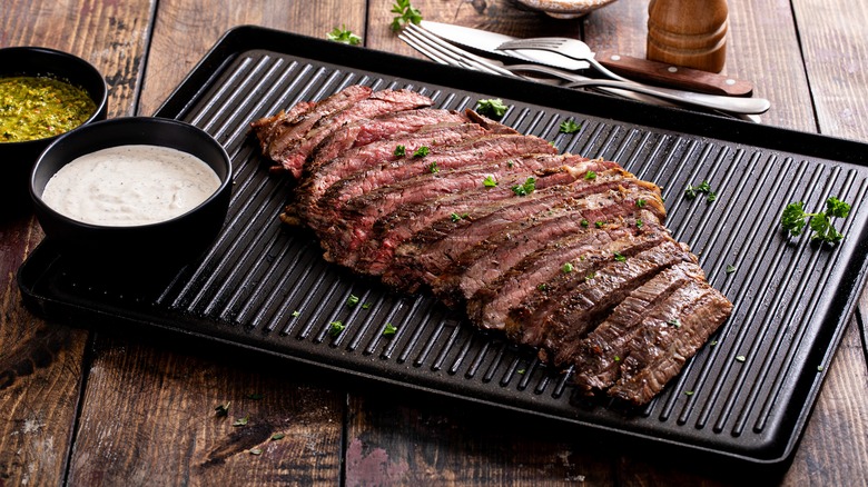 Flank steak on grill pan