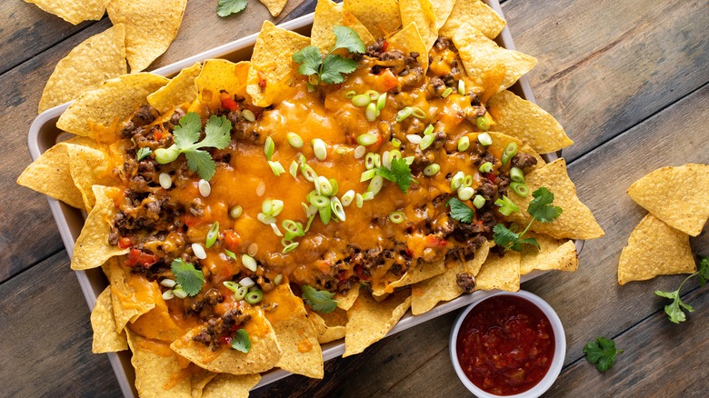 cheesy beef nachos in pan