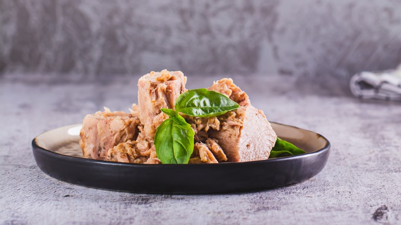 Canned tuna on dark plate