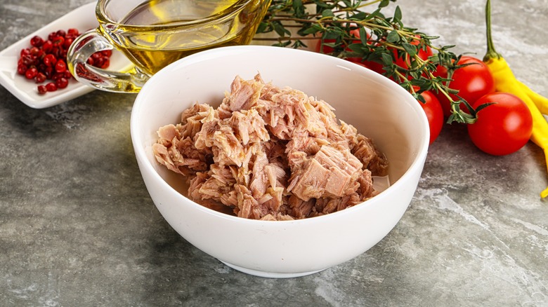 Canned tuna in white bowl