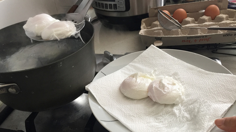 Poached eggs being lifted from pot onto a plate