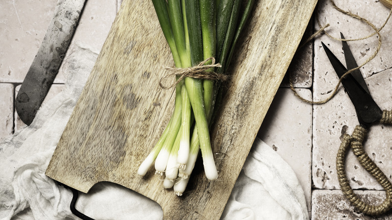 Scallions tied with string on a wooden cutting board