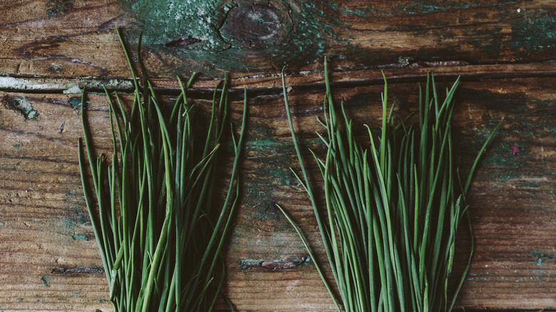 Two bunches of chives on a wooden cutting board