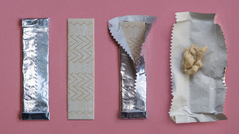 chewing gum in wrapper, unwrapped, and chewed