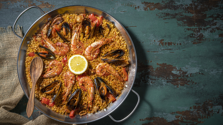 Seafood paella on a table