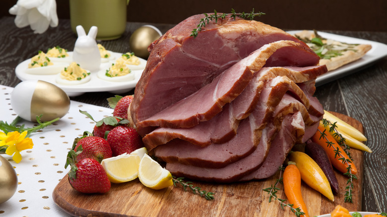 Block of spiced Easter roasted ham with strawberries 