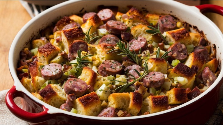 Thanksgiving stuffing in a casserole dish