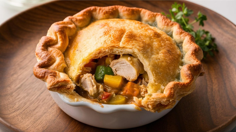 Chicken pot pie in white bowl