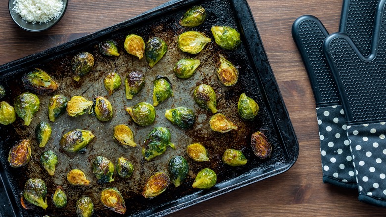 Roasted Brussels sprouts on pan