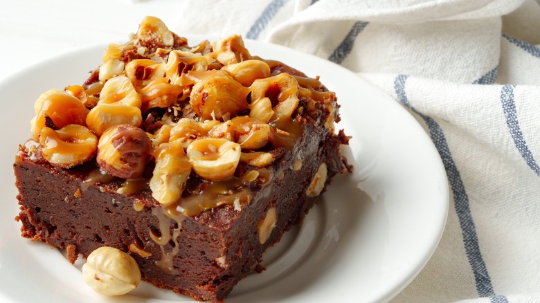 Piece of brownie cake with hazelnuts