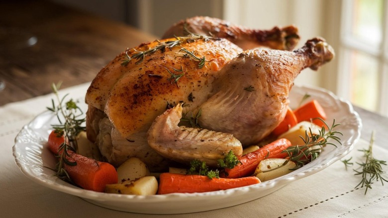 Roast chicken on serving platter