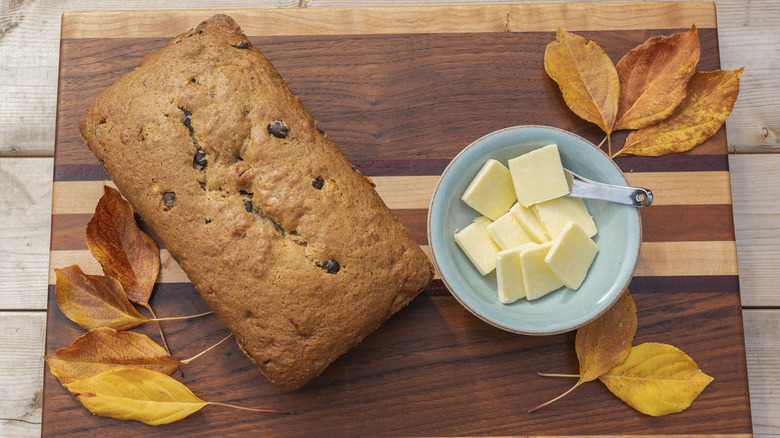 Baked pumpkin bread with fall leaves