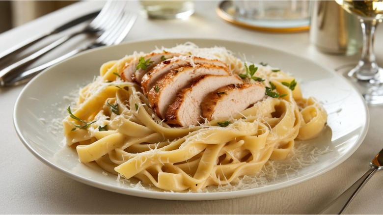 A modern version of alfredo with chicken in a bowl.