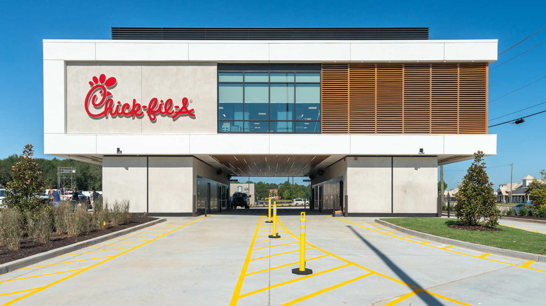 A square-on view of Chick Fil A's new drive-thru restaurant in Atlanta.