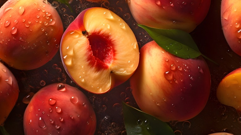 sliced peaches with water drops