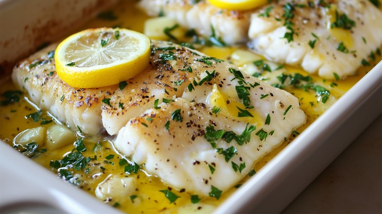 Cod and lemon in a casserole dish