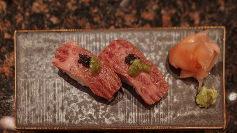 wagyu sushi caviar garnished