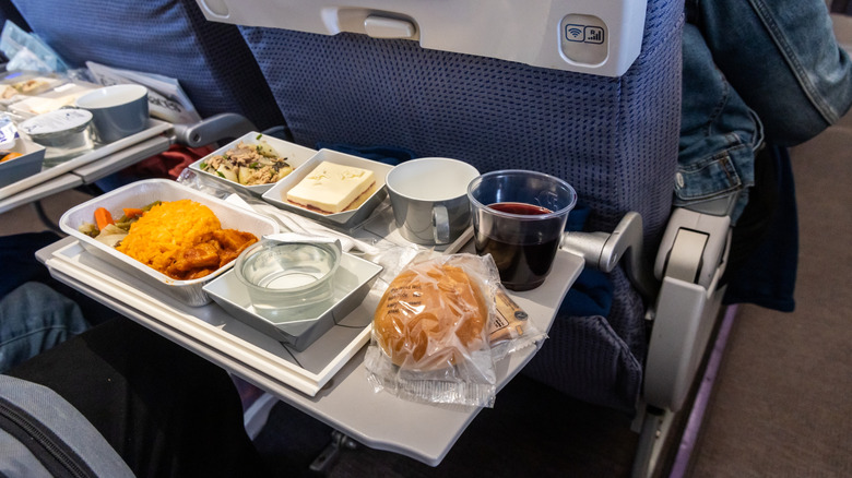 Airplane meal with wine