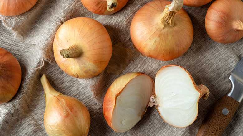 Yellow onions on burlap