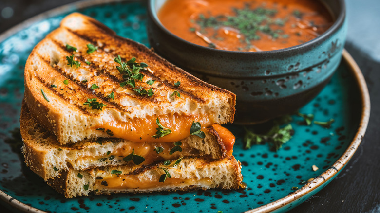 A gooey grilled cheese and bowl of soup.