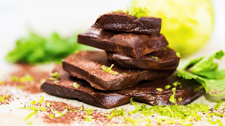 Chocolate bark pieces stacked near mint leaves.