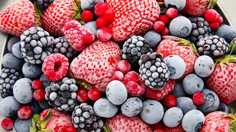 Mix of different types of frozen berries