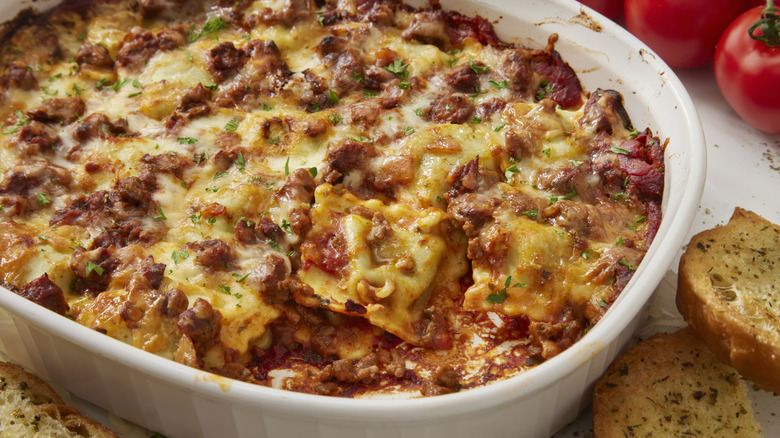 Ravioli lasagna in a casserole dish