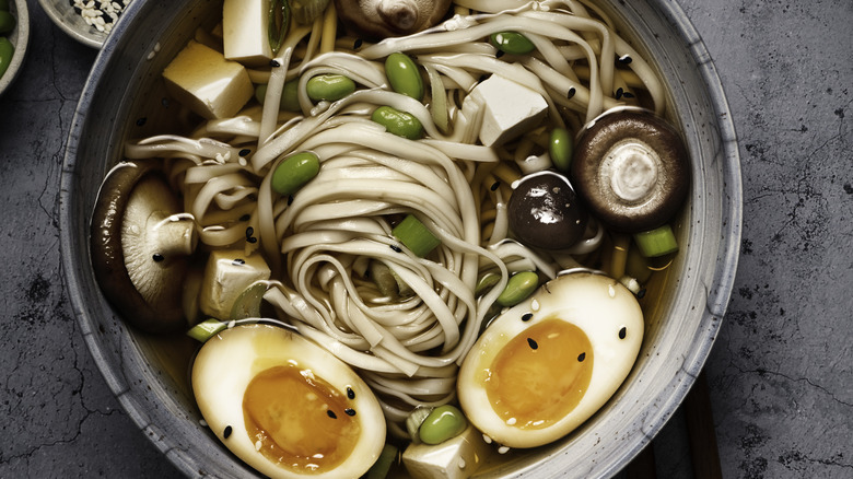 ramen with edamame, mushroom, tofu, and egg