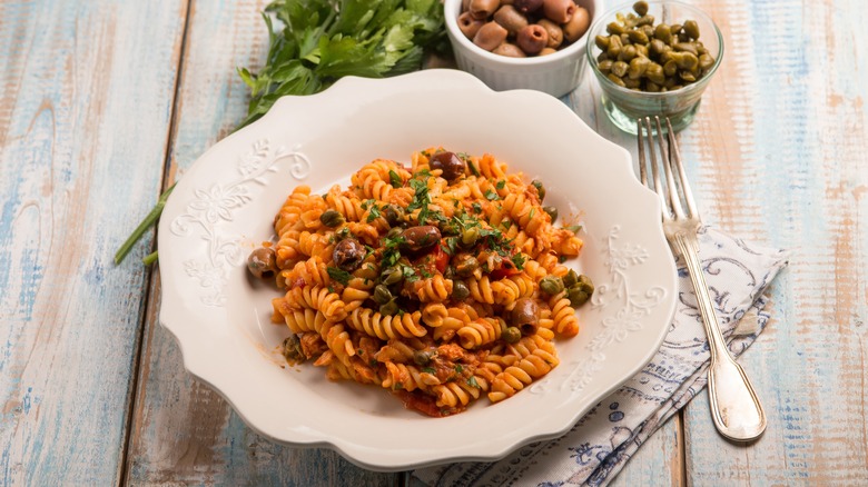 Fusilli pasta with olives and vodka sauce