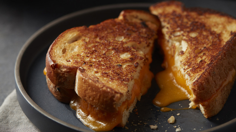 Grilled cheese sandwich on a black plate