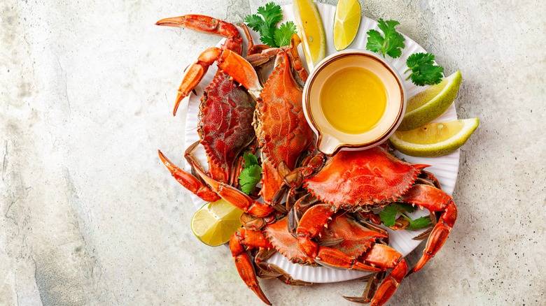 Steamed crabs on a plate with butter and lime