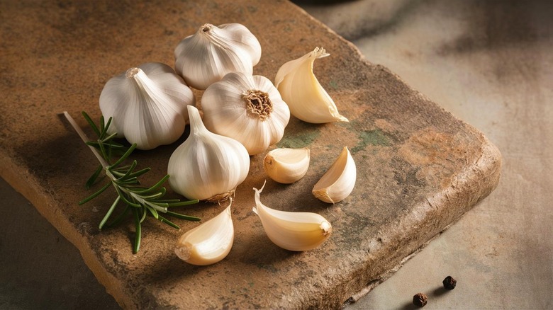 Whole garlic bulbs with individual cloves on a cutting board