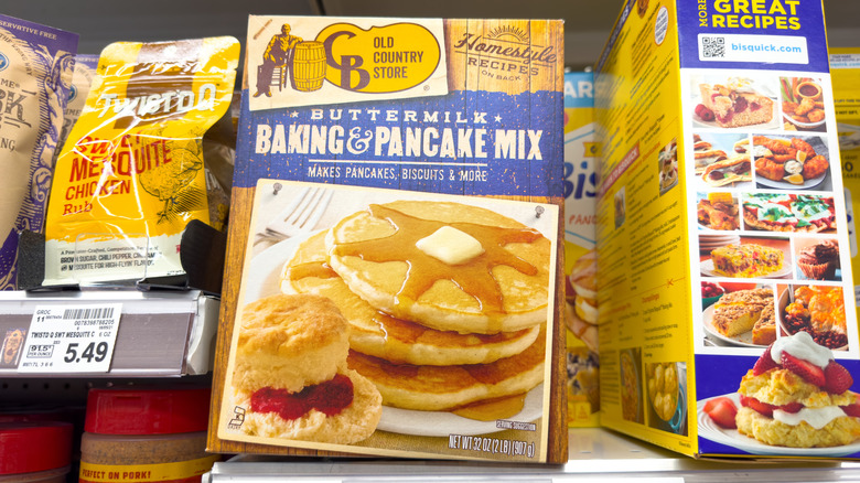 Cracker Barrel baking mix sits on a grocery store shelf.