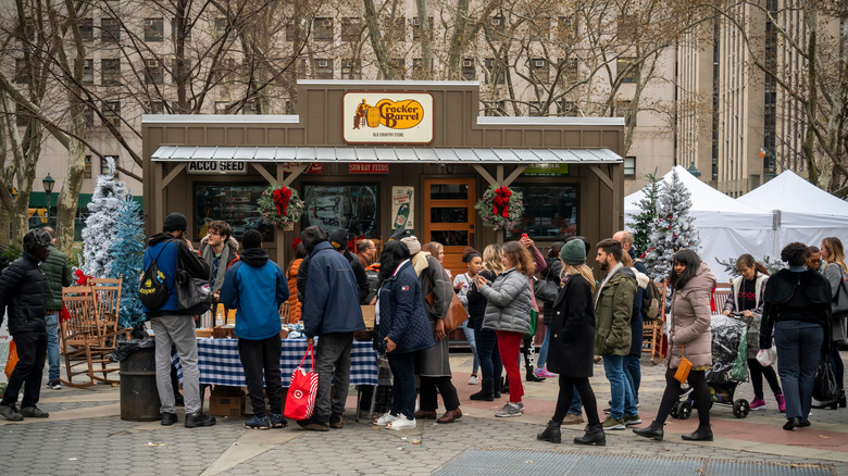 Crowd gathers at the tiny Cracker Barrel replica in New York City.